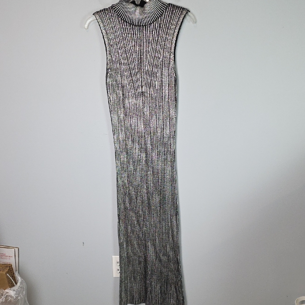 ZARA silver metallic bodycon midi mock neck sleeveless party dress medium NYE